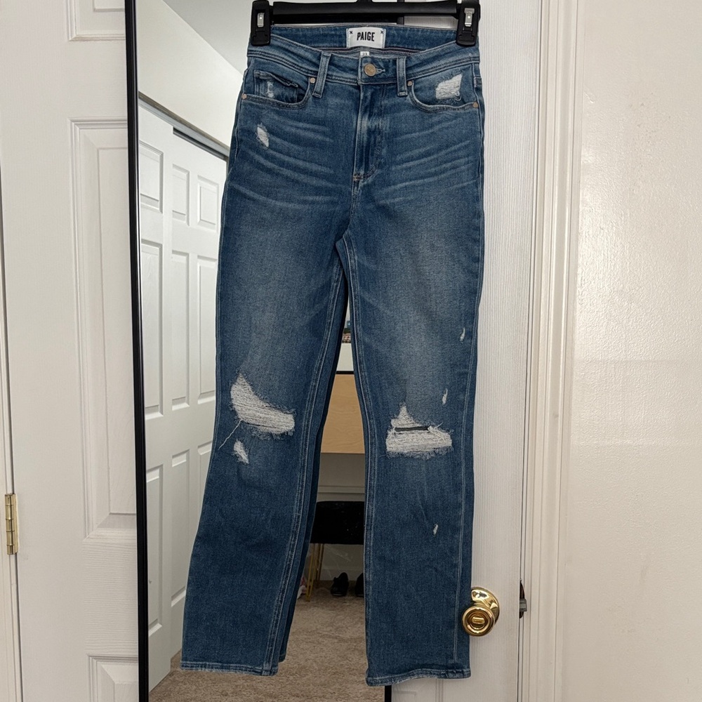 PAIGE Women's Cropped Straight Leg Distressed Denim Jeans